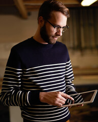 Creative man, tablet and research with mockup screen for communication, networking or data at home....