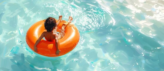 A woman in a bikini floating leisurely on an orange raft in the water. - obrazy, fototapety, plakaty