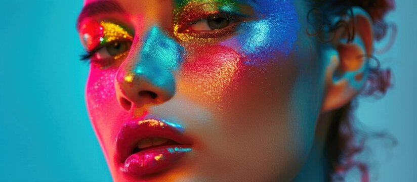 A woman with colorful drag queen makeup, showcasing vibrant colors on her face.