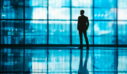 silhouette of a businessman in front of large windows