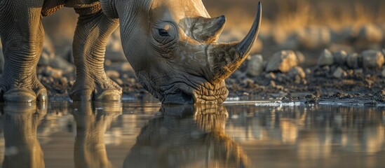 A close-up view of a rhinoceros quenching its thirst by drinking water from a tranquil watering hole.