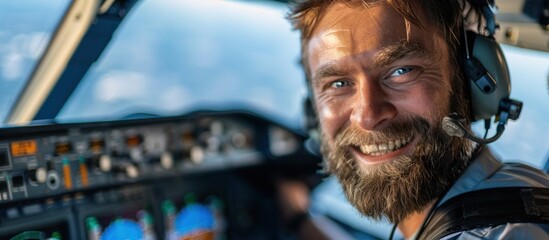 Obraz premium A man with a beard, identified as experienced pilot cd maxfry, is seated in the cockpit of a plane, smiling.