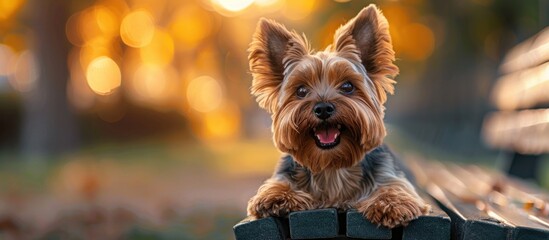 A small brown dog is perched on top of a wooden bench, looking alert and curious.