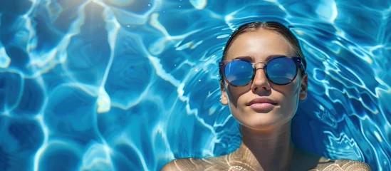 Fotobehang A woman wearing sunglasses is relaxing in a pool of clear blue water. © FryArt Studio