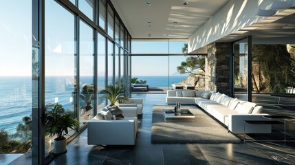 the modern design of a Contemporary Coastal house with floor-to-ceiling windows, offering panoramic views of the ocean
