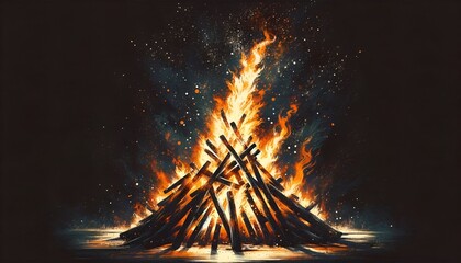 Illustration of a traditional holika dahan bonfire in grunge style. - obrazy, fototapety, plakaty