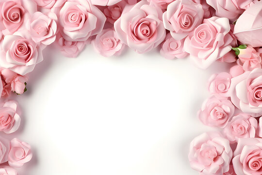 White background decorated with pink rose buds, generated by AI. 3D illustration