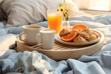 Fototapeta na wymiar On a tray on the bed, next to the blanket, there are a couple of mugs of coffee with frothy milk and cookies - a morning routine created by artificial intelligence. 3D illustration