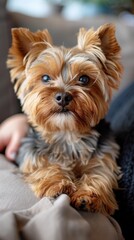 A small brown Yorkshire Terrier dog is calmly seated on top of a couch.