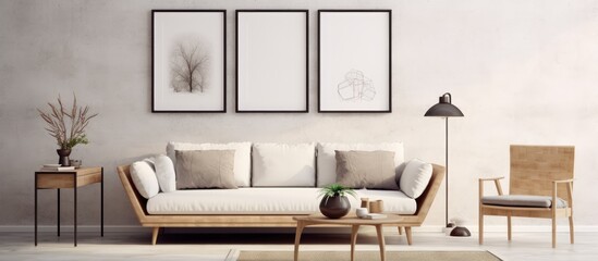 A modern Scandinavian living room featuring a comfortable couch, stylish chair, sleek table, and framed pictures adorning the walls. The simple yet elegant design creates a cozy and inviting