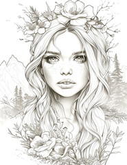 Illustration of a bright and unique young woman surrounded by flowers. Elegant illustration for a coloring book. Anti-stress therapy for adults and children.
