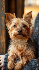 A small brown Yorkshire Terrier dog sitting on top of a persons lap while being gently petted by the owner.