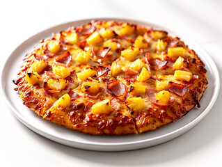 Hawaiian Pizza on White Background, A freshly baked Hawaiian pizza with golden cheese, ham, and...
