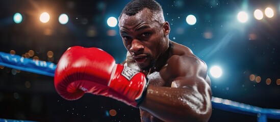 African American male boxer in action, throwing a punch with a red boxing glove, inside a boxing ring.