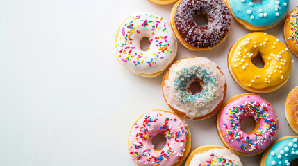 Fototapeta na wymiar colorful Donuts on white background with copy space for text, rainbow donuts 