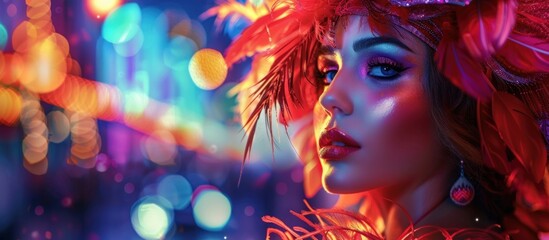 A woman adorned with vibrant makeup and feathers on her head, standing out in a festive carnival...