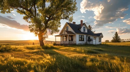 the simplicity and charm of a Ranch-style house surrounded by open fields, epitomizing casual and relaxed living - obrazy, fototapety, plakaty
