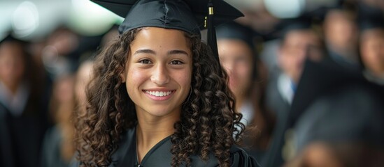 A young woman wearing a black graduation cap and gown, smiling in a portrait.