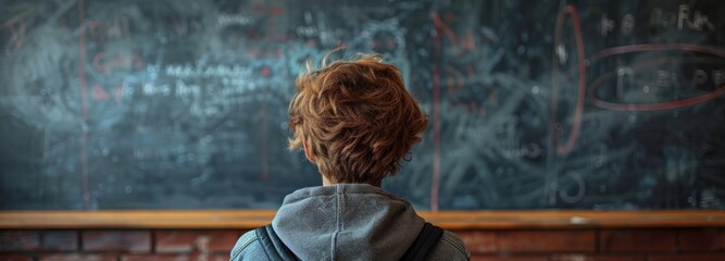 A boy in his teenage years is standing in front of a black chalkboard in a classroom setting, possibly engaged in a learning activity or giving a presentation. - obrazy, fototapety, plakaty