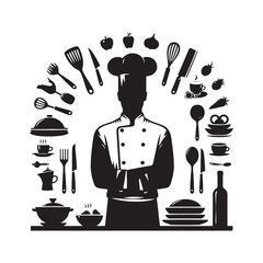 Delectable Ambiance: Cook Set of Silhouette - Conjuring the Essence of Culinary Mastery with Chef Illustration - Chef Vector
