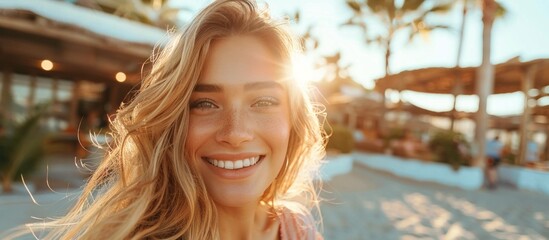 A joyful woman, possibly an influencer, smiling while taking a selfie on a beach with palm trees in the background.