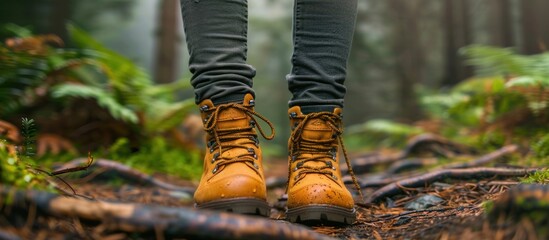 A person wearing yellow boots is walking through a forest setting.