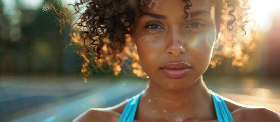 A close-up view of an Afro-American woman wearing a sports bra. - Powered by Adobe