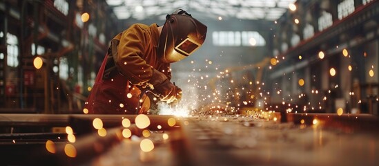 A welder is in action, welding a piece of metal in a factory. Sparks are flying as the worker meticulously fuses the metal components together. - obrazy, fototapety, plakaty