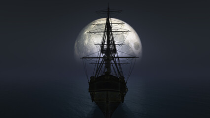 old ship in sea full moon illustration - obrazy, fototapety, plakaty