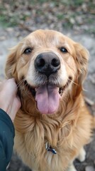 A close-up of a person lovingly petting a happy Golden Retriever, showing a heartwarming moment of bond and connection between human and dog.