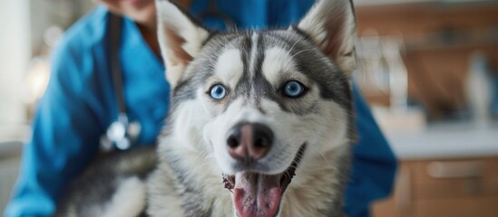 A veterinarian is examining a Husky dog with striking blue eyes in a clinical setting.
