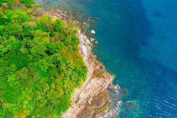 Aerial view resort. Jungle island tropical trees palm trees on the coast rocks stones and blue lagoon ocean bay