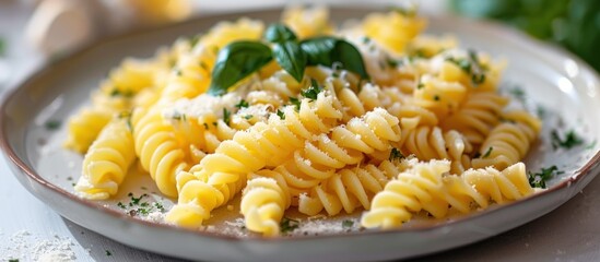 Detailed close-up of a plate with Fusilli pasta topped with creamy ricotta cheese and aromatic herbs, on a wooden table.