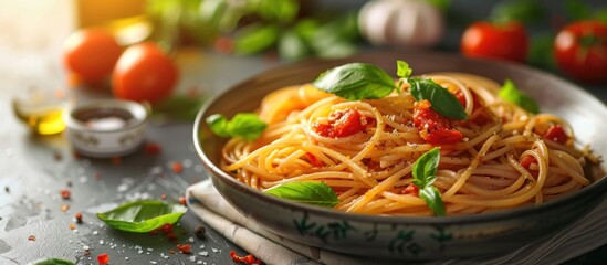 A bowl of freshly cooked Italian spaghetti topped with fragrant basil leaves and ripe red tomatoes. - obrazy, fototapety, plakaty