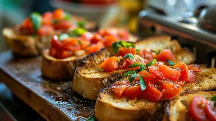 the simplicity of a toaster toasting slices of classic French bread, setting the stage for a breakfast bruschetta with tomatoes and basil