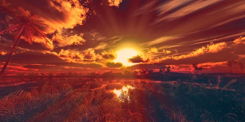 Foto auf Acrylglas Bordeaux oasis sunset landscape background illustration