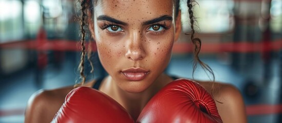 A focused Hispanic female boxer with freckles on her face wearing boxing gloves. - obrazy, fototapety, plakaty