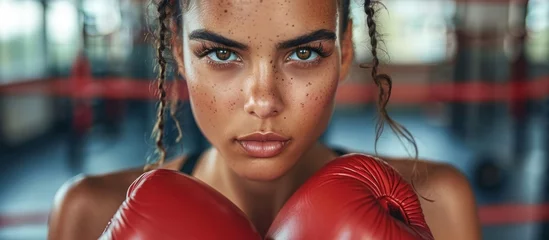 Foto op Canvas A focused Hispanic female boxer with freckles on her face wearing boxing gloves. © FryArt Studio