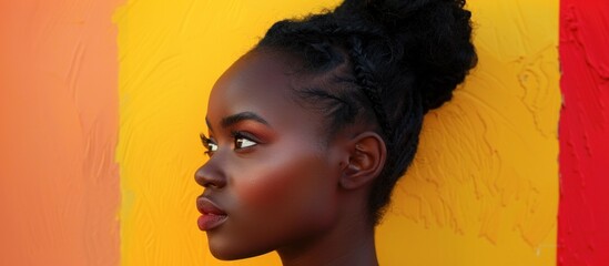 A pensive beautiful black woman standing in front of a vibrant yellow and red wall.