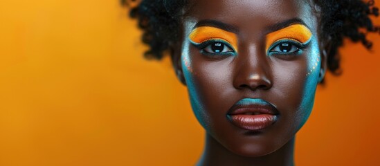 An African woman with striking blue and yellow makeup, showcasing a bold and vibrant look.