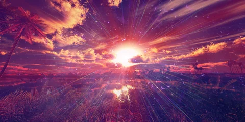 Photo sur Plexiglas Violet oasis sunset landscape background illustration