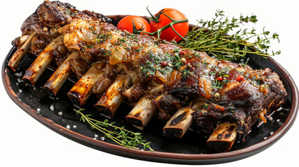 Roasted beef spare rib on dark dish with cutlery - obrazy, fototapety, plakaty