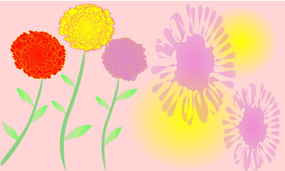 With pink dotted with yellow background, there are 3 red, yellow and pink carnations with watercolor flowers beside as decorations