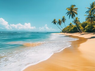 Fototapeta na wymiar Serene tropical beach with golden sand, palm trees, and crystal-clear waters under a bright blue sky. Perfect for relaxation and travel themes