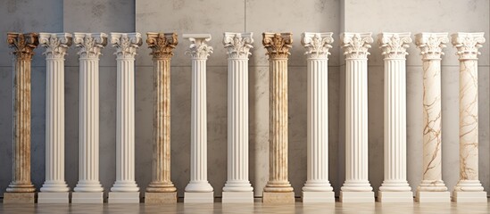 A symmetrical row of white marble pillars stand tall in a room, showcasing the classic architectural elements of Roman and Greek design. The bright white pillars contrast against the neutral