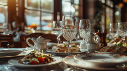 A sophisticated table arrangement with crystal glassware and fine china in a high-end restaurant bathed in warm light.