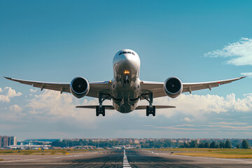 Naklejka premium An airplane landing on runway of an airport a proceeding to terminal Generative AI