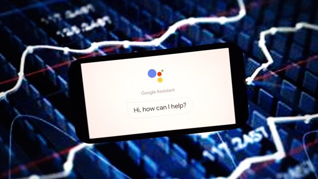Konskie, Poland - March 02, 2024: Google Assistant logo displayed on mobile phone screen