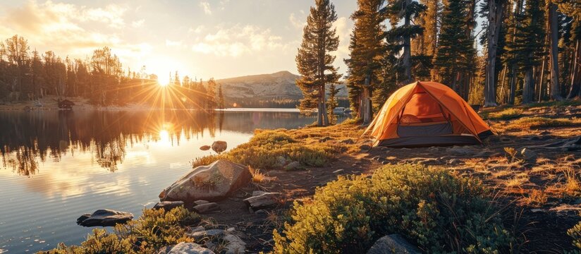 A tent is pitched on the shore of a serene lake, surrounded by nature.