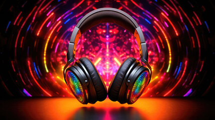 Fototapeta na wymiar Colorful image of headphones with colorful musical note background, futuristic, elegant looking 